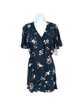 Abound Floral Short Sleeve Button-Front A-Line Mini Dress Charcoal Small NWT